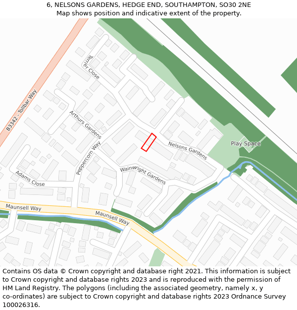 6, NELSONS GARDENS, HEDGE END, SOUTHAMPTON, SO30 2NE: Location map and indicative extent of plot