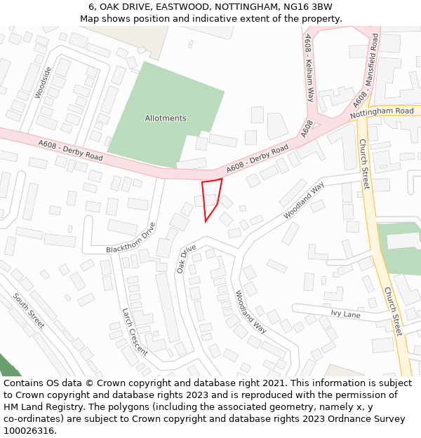 6, OAK DRIVE, EASTWOOD, NOTTINGHAM, NG16 3BW: Location map and indicative extent of plot
