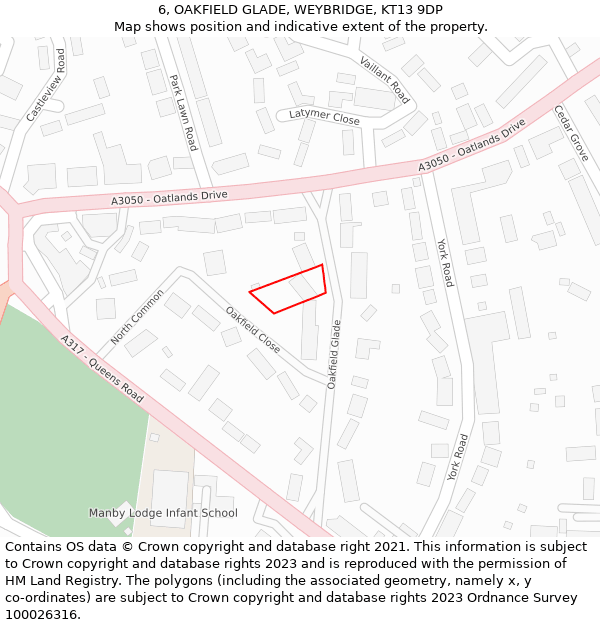 6, OAKFIELD GLADE, WEYBRIDGE, KT13 9DP: Location map and indicative extent of plot