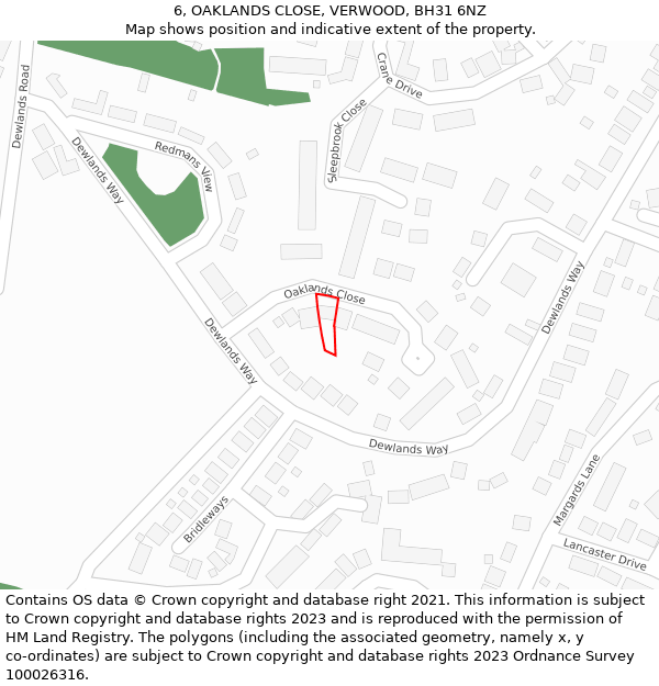 6, OAKLANDS CLOSE, VERWOOD, BH31 6NZ: Location map and indicative extent of plot