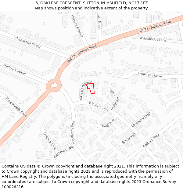 6, OAKLEAF CRESCENT, SUTTON-IN-ASHFIELD, NG17 1FZ: Location map and indicative extent of plot