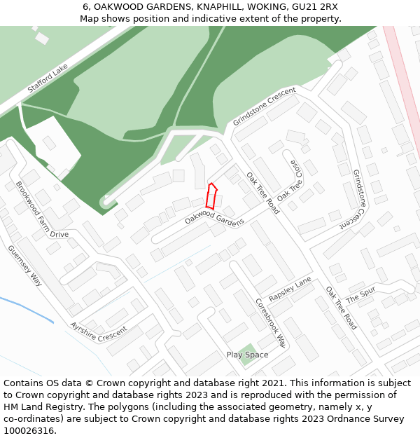 6, OAKWOOD GARDENS, KNAPHILL, WOKING, GU21 2RX: Location map and indicative extent of plot