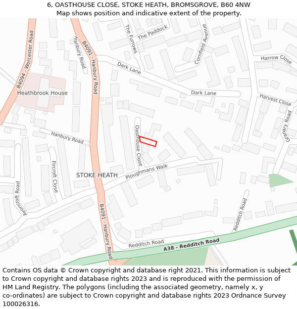 6, OASTHOUSE CLOSE, STOKE HEATH, BROMSGROVE, B60 4NW: Location map and indicative extent of plot