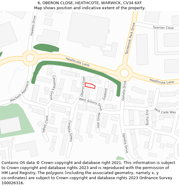 6, OBERON CLOSE, HEATHCOTE, WARWICK, CV34 6XF: Location map and indicative extent of plot