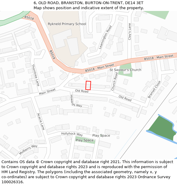 6, OLD ROAD, BRANSTON, BURTON-ON-TRENT, DE14 3ET: Location map and indicative extent of plot