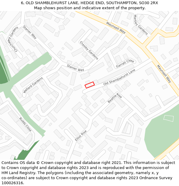 6, OLD SHAMBLEHURST LANE, HEDGE END, SOUTHAMPTON, SO30 2RX: Location map and indicative extent of plot