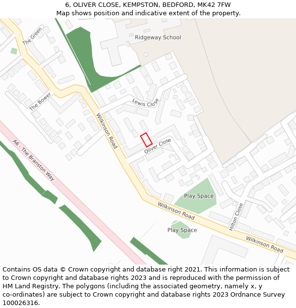 6, OLIVER CLOSE, KEMPSTON, BEDFORD, MK42 7FW: Location map and indicative extent of plot