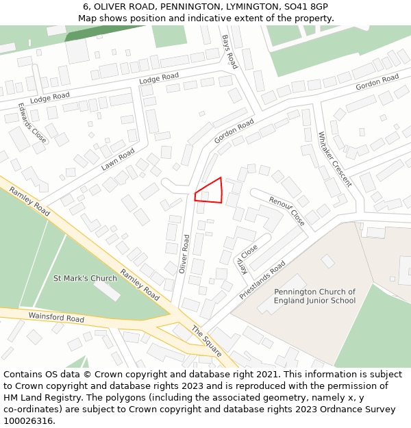 6, OLIVER ROAD, PENNINGTON, LYMINGTON, SO41 8GP: Location map and indicative extent of plot