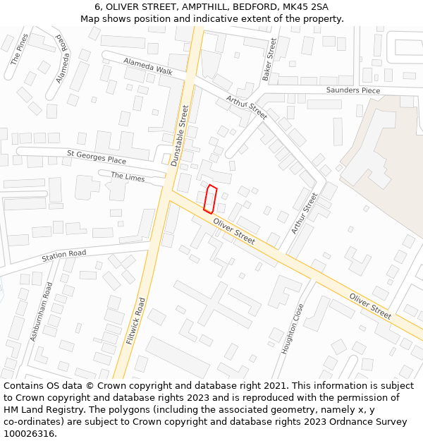 6, OLIVER STREET, AMPTHILL, BEDFORD, MK45 2SA: Location map and indicative extent of plot