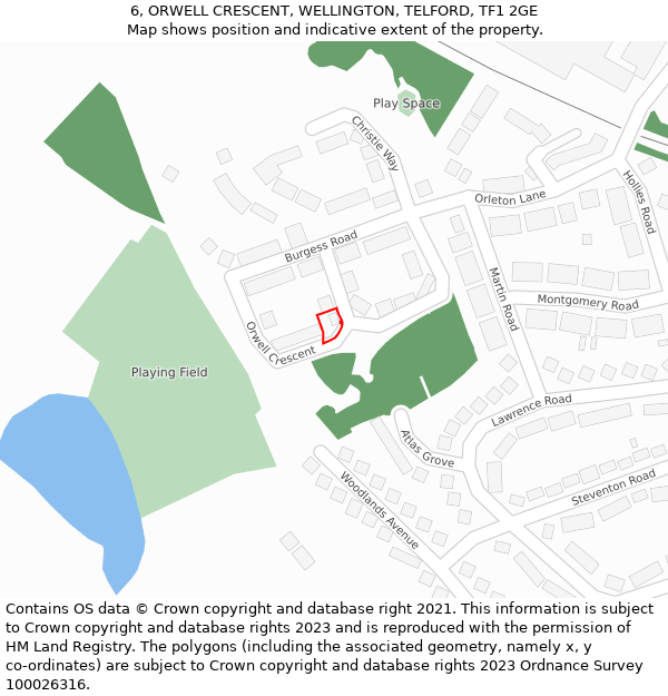 6, ORWELL CRESCENT, WELLINGTON, TELFORD, TF1 2GE: Location map and indicative extent of plot