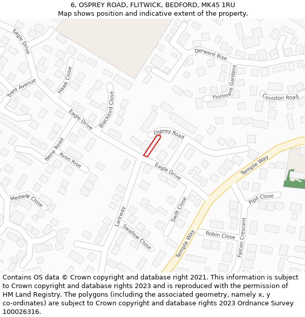 6, OSPREY ROAD, FLITWICK, BEDFORD, MK45 1RU: Location map and indicative extent of plot