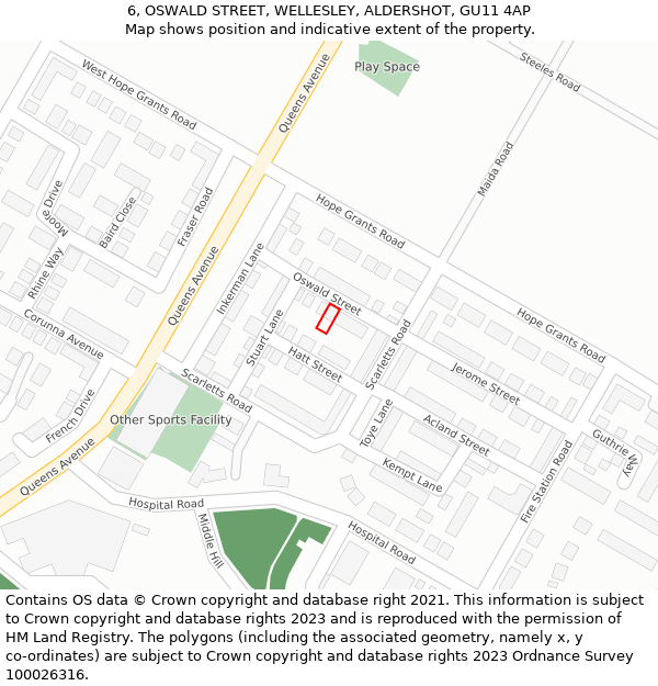 6, OSWALD STREET, WELLESLEY, ALDERSHOT, GU11 4AP: Location map and indicative extent of plot