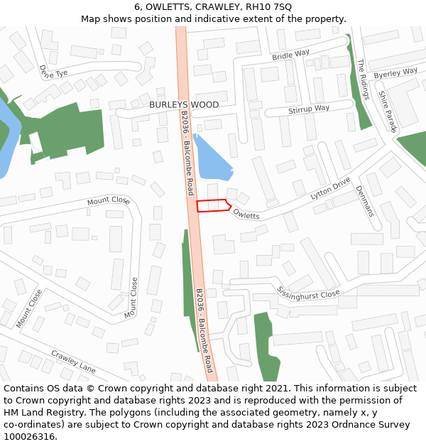 6, OWLETTS, CRAWLEY, RH10 7SQ: Location map and indicative extent of plot