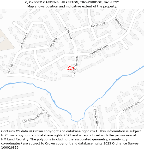 6, OXFORD GARDENS, HILPERTON, TROWBRIDGE, BA14 7GY: Location map and indicative extent of plot