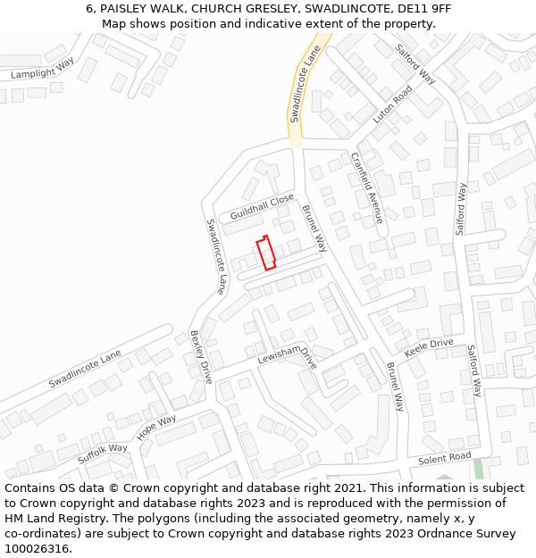 6, PAISLEY WALK, CHURCH GRESLEY, SWADLINCOTE, DE11 9FF: Location map and indicative extent of plot