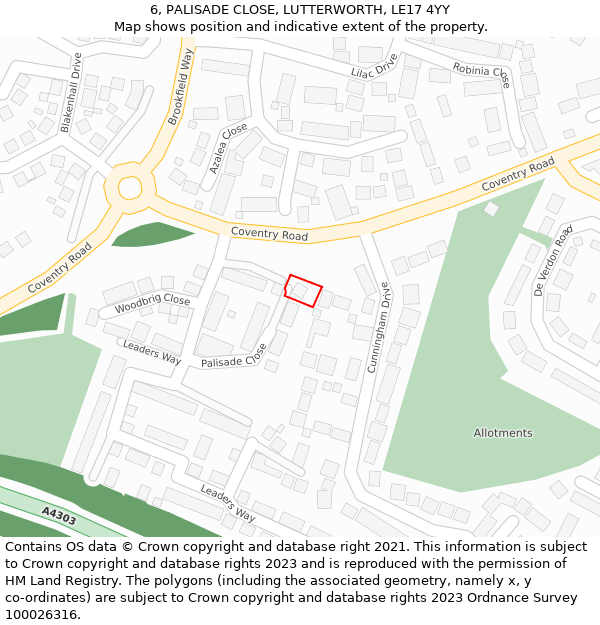 6, PALISADE CLOSE, LUTTERWORTH, LE17 4YY: Location map and indicative extent of plot