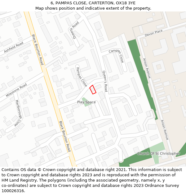 6, PAMPAS CLOSE, CARTERTON, OX18 3YE: Location map and indicative extent of plot