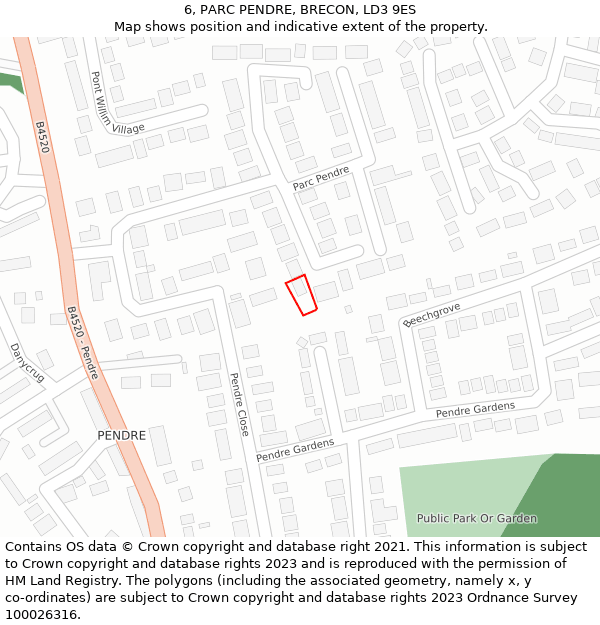 6, PARC PENDRE, BRECON, LD3 9ES: Location map and indicative extent of plot