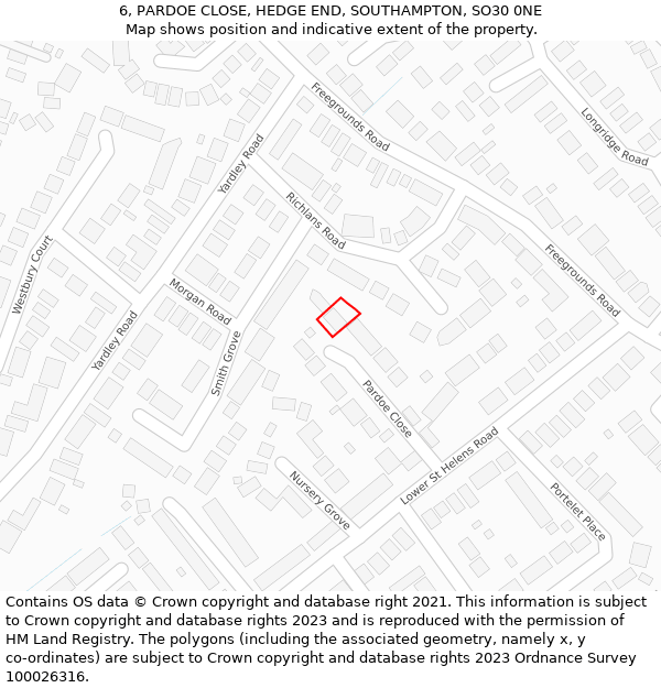6, PARDOE CLOSE, HEDGE END, SOUTHAMPTON, SO30 0NE: Location map and indicative extent of plot