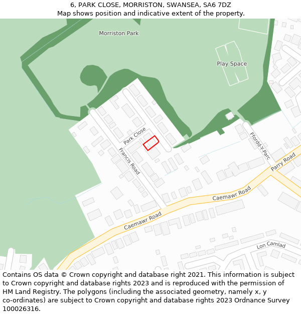 6, PARK CLOSE, MORRISTON, SWANSEA, SA6 7DZ: Location map and indicative extent of plot