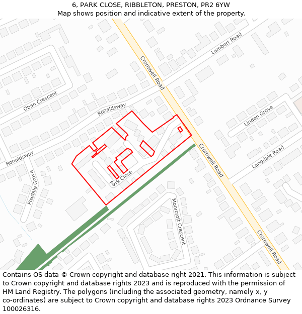 6, PARK CLOSE, RIBBLETON, PRESTON, PR2 6YW: Location map and indicative extent of plot