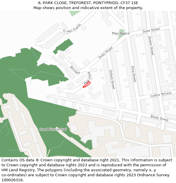 6, PARK CLOSE, TREFOREST, PONTYPRIDD, CF37 1SE: Location map and indicative extent of plot