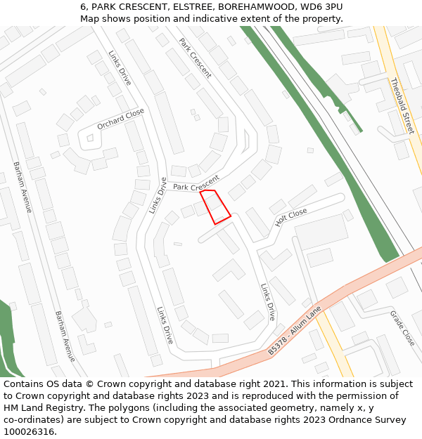 6, PARK CRESCENT, ELSTREE, BOREHAMWOOD, WD6 3PU: Location map and indicative extent of plot