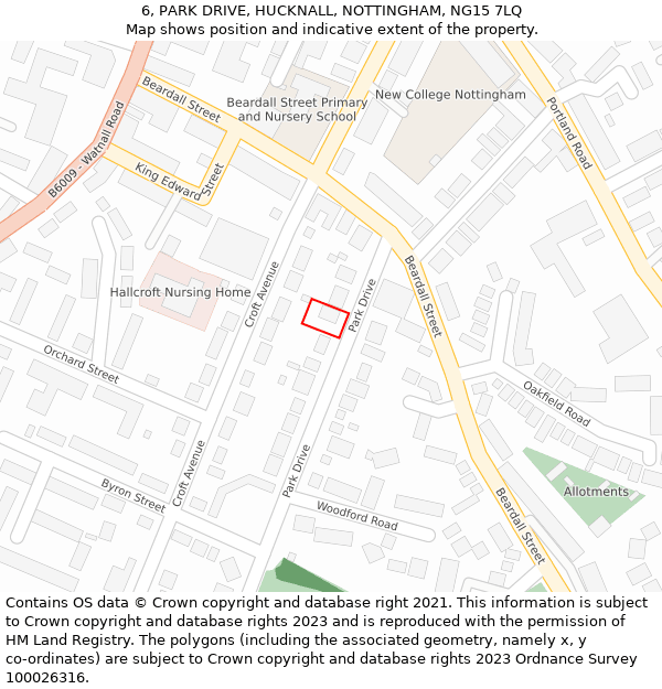 6, PARK DRIVE, HUCKNALL, NOTTINGHAM, NG15 7LQ: Location map and indicative extent of plot