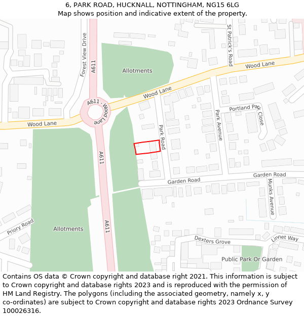 6, PARK ROAD, HUCKNALL, NOTTINGHAM, NG15 6LG: Location map and indicative extent of plot