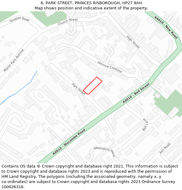 6, PARK STREET, PRINCES RISBOROUGH, HP27 9AH: Location map and indicative extent of plot