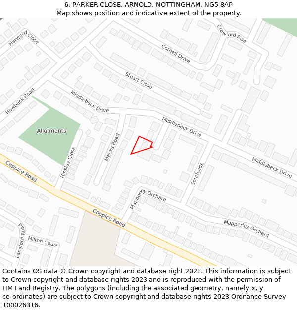 6, PARKER CLOSE, ARNOLD, NOTTINGHAM, NG5 8AP: Location map and indicative extent of plot