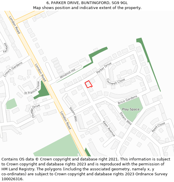 6, PARKER DRIVE, BUNTINGFORD, SG9 9GL: Location map and indicative extent of plot