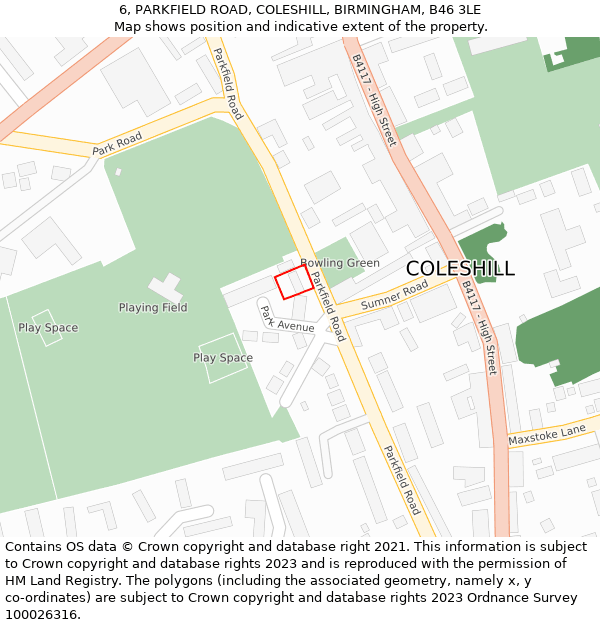 6, PARKFIELD ROAD, COLESHILL, BIRMINGHAM, B46 3LE: Location map and indicative extent of plot