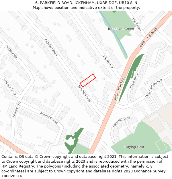 6, PARKFIELD ROAD, ICKENHAM, UXBRIDGE, UB10 8LN: Location map and indicative extent of plot