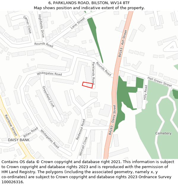 6, PARKLANDS ROAD, BILSTON, WV14 8TF: Location map and indicative extent of plot