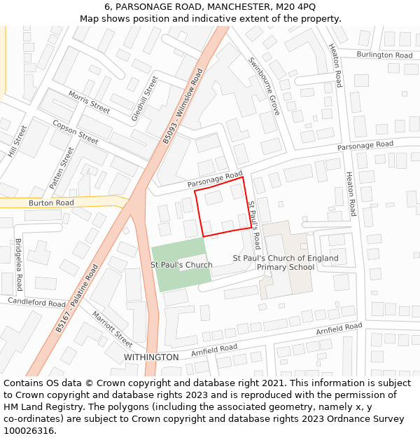 6, PARSONAGE ROAD, MANCHESTER, M20 4PQ: Location map and indicative extent of plot