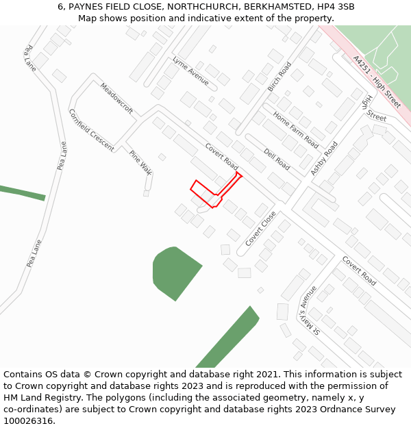 6, PAYNES FIELD CLOSE, NORTHCHURCH, BERKHAMSTED, HP4 3SB: Location map and indicative extent of plot