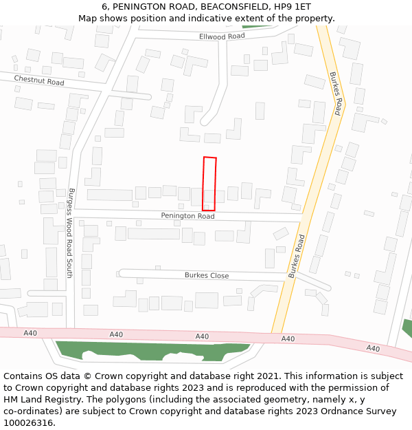 6, PENINGTON ROAD, BEACONSFIELD, HP9 1ET: Location map and indicative extent of plot