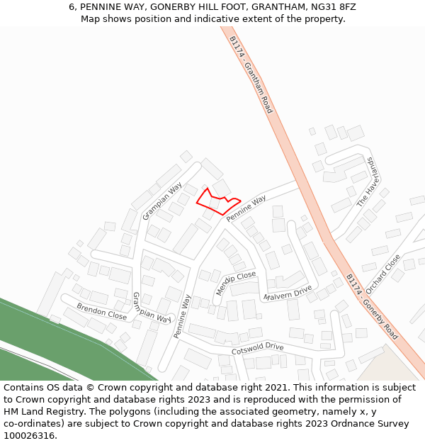 6, PENNINE WAY, GONERBY HILL FOOT, GRANTHAM, NG31 8FZ: Location map and indicative extent of plot