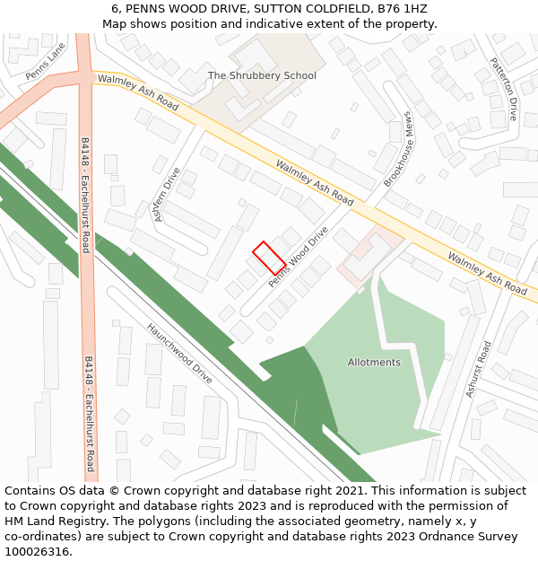 6, PENNS WOOD DRIVE, SUTTON COLDFIELD, B76 1HZ: Location map and indicative extent of plot