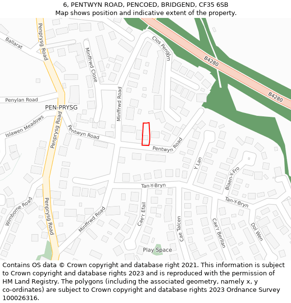 6, PENTWYN ROAD, PENCOED, BRIDGEND, CF35 6SB: Location map and indicative extent of plot