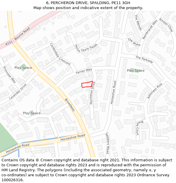 6, PERCHERON DRIVE, SPALDING, PE11 3GH: Location map and indicative extent of plot