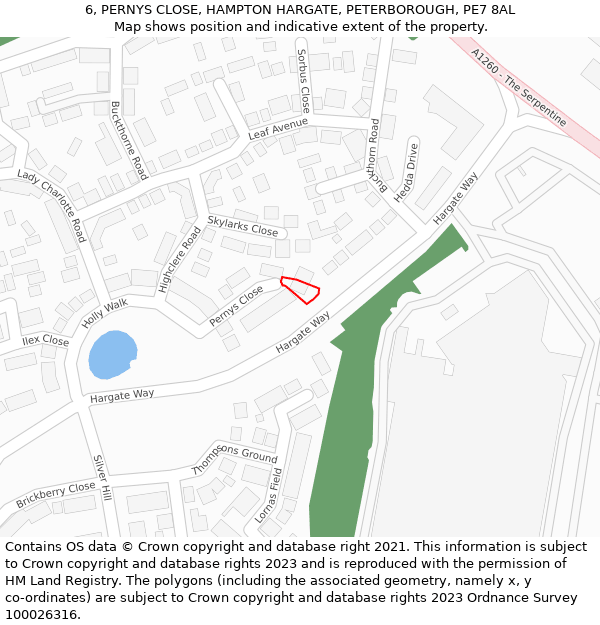 6, PERNYS CLOSE, HAMPTON HARGATE, PETERBOROUGH, PE7 8AL: Location map and indicative extent of plot