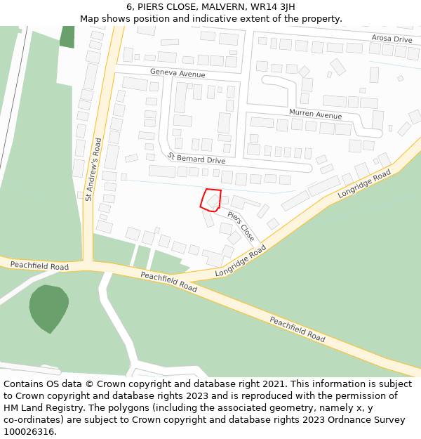 6, PIERS CLOSE, MALVERN, WR14 3JH: Location map and indicative extent of plot
