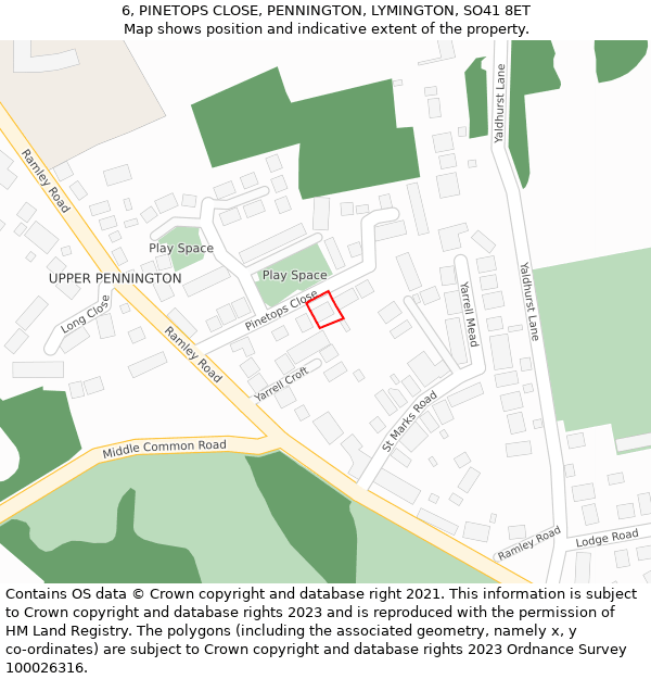 6, PINETOPS CLOSE, PENNINGTON, LYMINGTON, SO41 8ET: Location map and indicative extent of plot