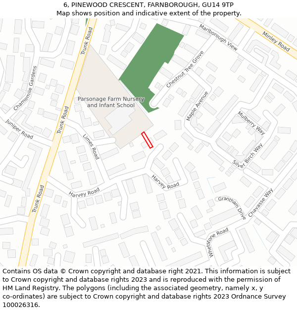 6, PINEWOOD CRESCENT, FARNBOROUGH, GU14 9TP: Location map and indicative extent of plot