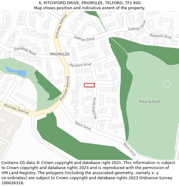 6, PITCHFORD DRIVE, PRIORSLEE, TELFORD, TF2 9SG: Location map and indicative extent of plot