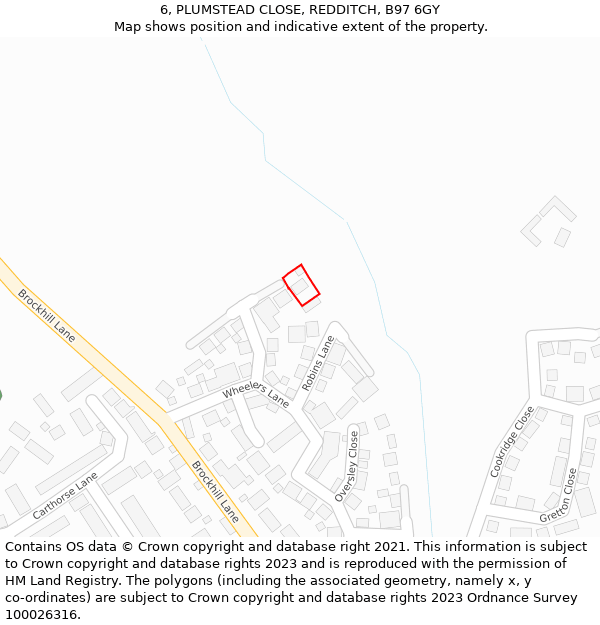 6, PLUMSTEAD CLOSE, REDDITCH, B97 6GY: Location map and indicative extent of plot