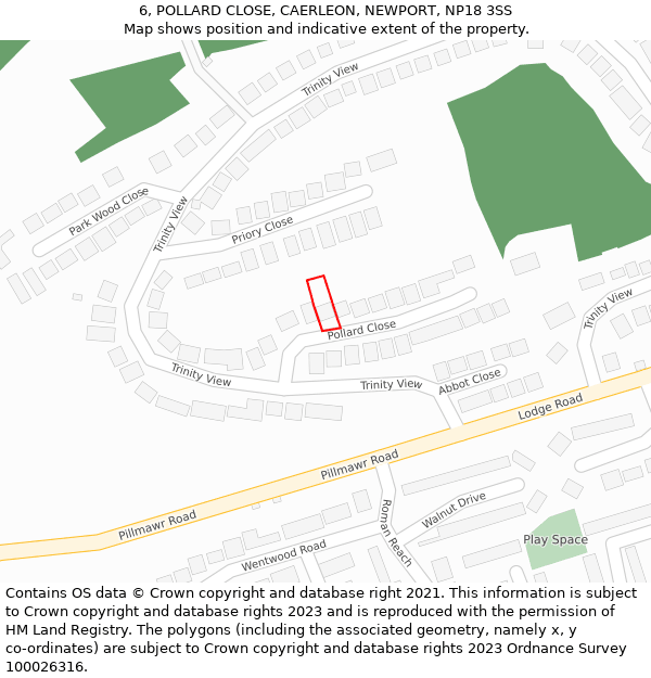 6, POLLARD CLOSE, CAERLEON, NEWPORT, NP18 3SS: Location map and indicative extent of plot