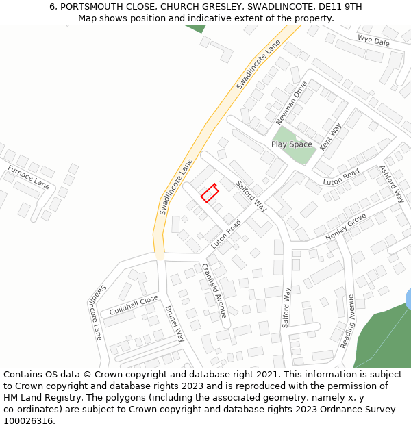 6, PORTSMOUTH CLOSE, CHURCH GRESLEY, SWADLINCOTE, DE11 9TH: Location map and indicative extent of plot